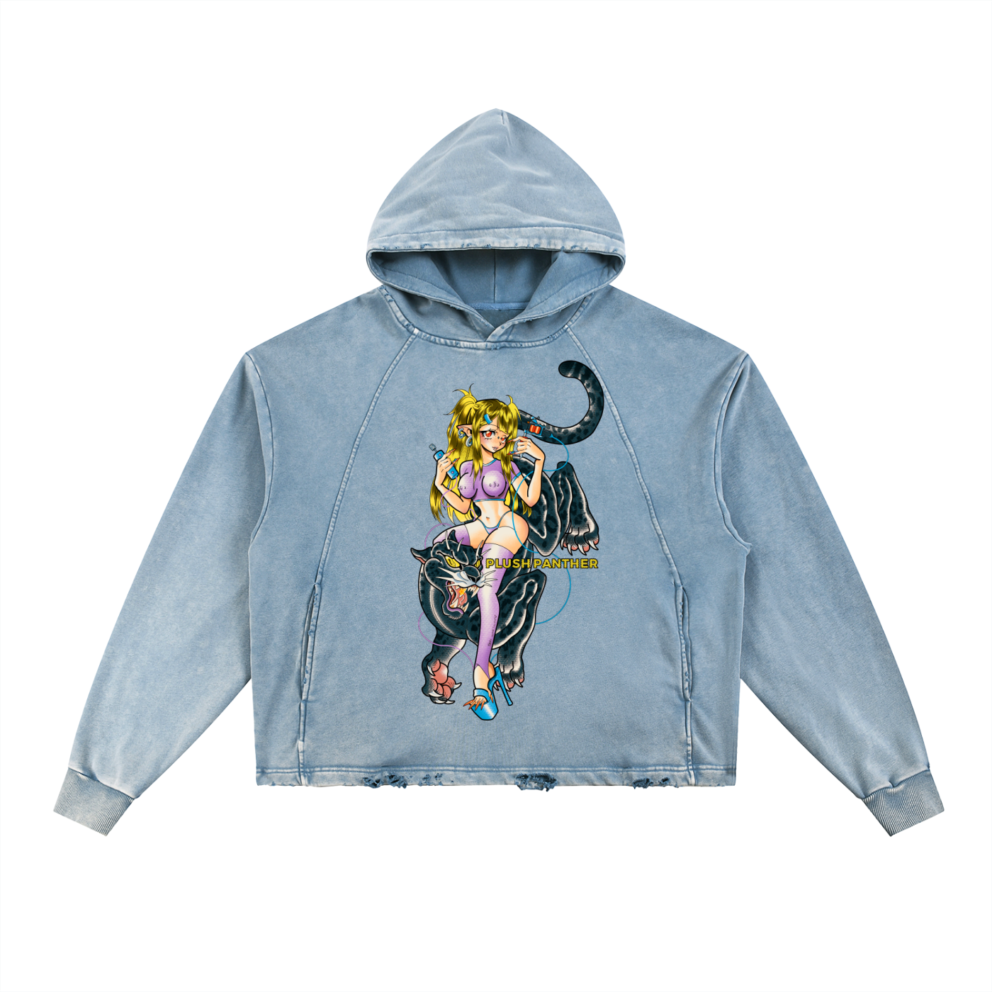 Plush Panther Vintage Washed Frayed-Hem Hoodie