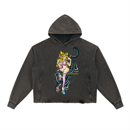 Plush Panther Vintage Washed Frayed-Hem Hoodie
