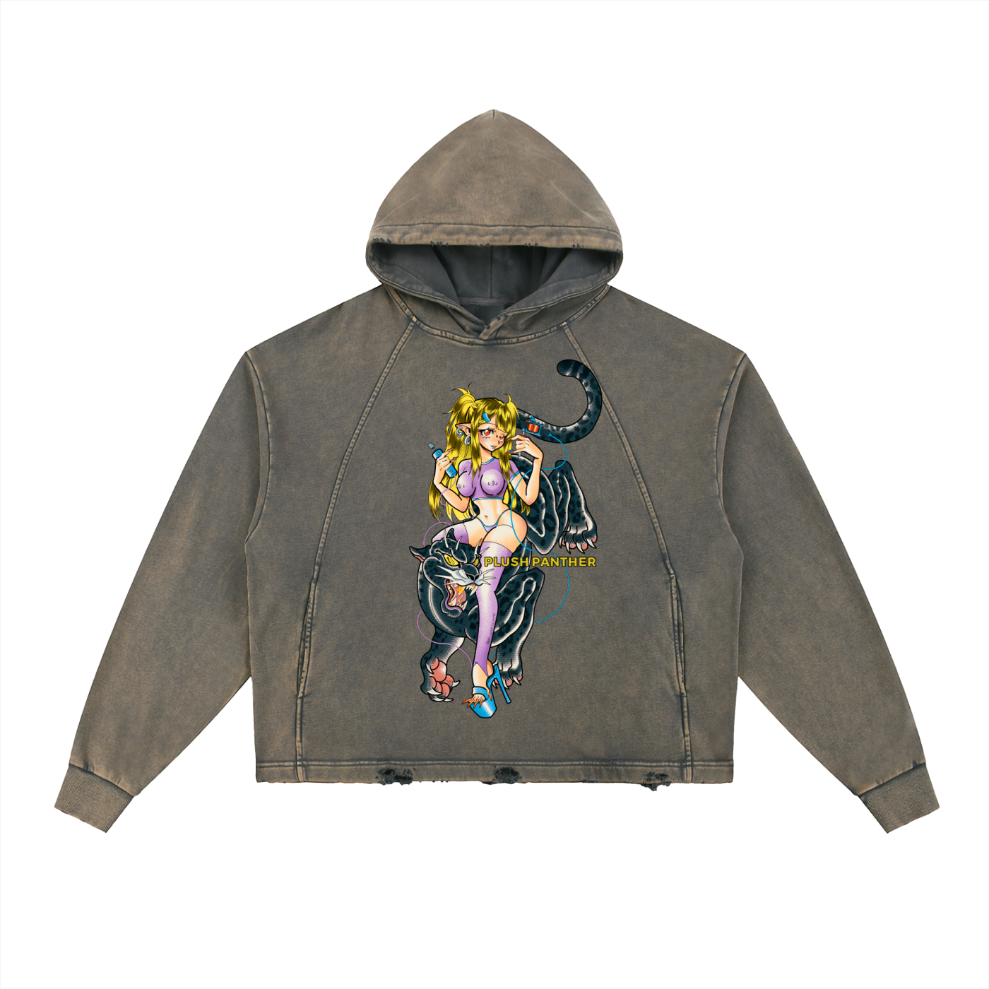 Plush Panther Vintage Washed Frayed-Hem Hoodie